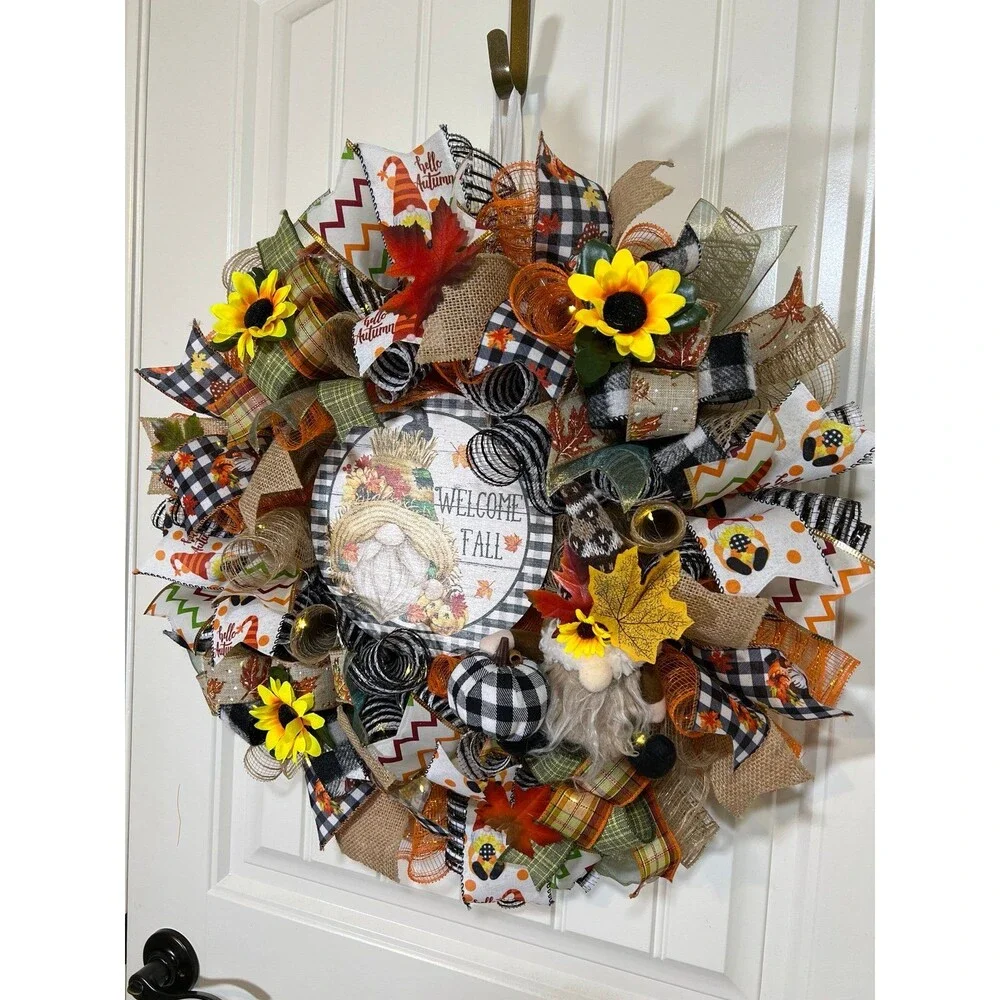 Handmade Autumn Fall Ribbon Wreath Welcome Gnome 22 in’s. Thanksgiving w11